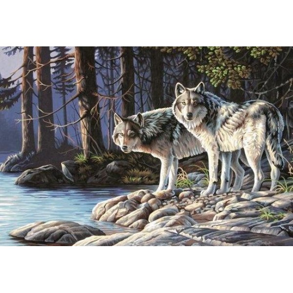 5D Kit Broderie Diamants/Diamond Painting Deux Loups En Hiver Mosaïque